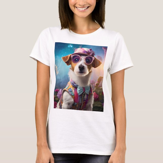 Jack Russell, Rosa glasögon och rosa hat T Shirt (Framsida)