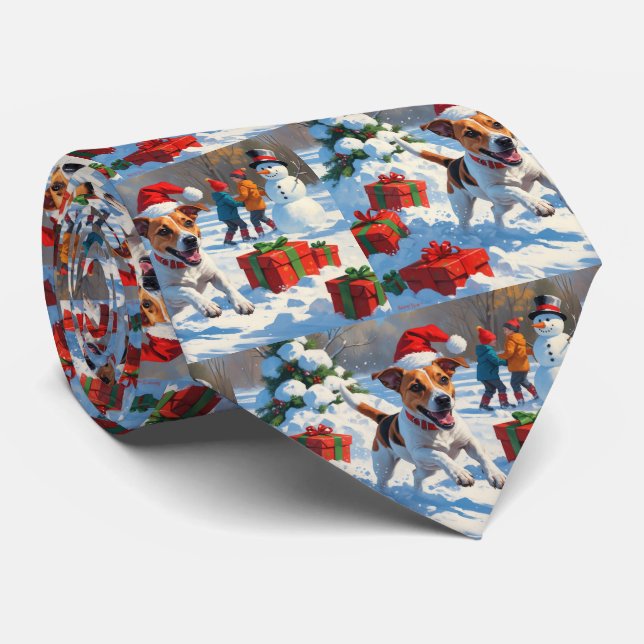 Jack Russell Runin i Snö med julklapp Slips (Rullad)