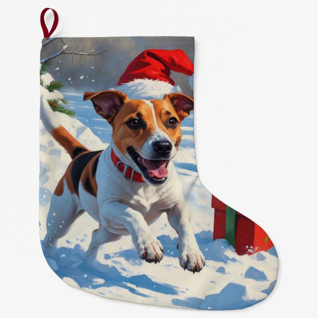 Jack Russell Runin i Snö med julklapp Stor Julstrumpa (Framsidan)