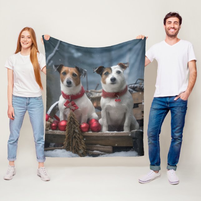 Jack Russell Snowy Sleigh-juldekretet Fleecefilt (På plats)