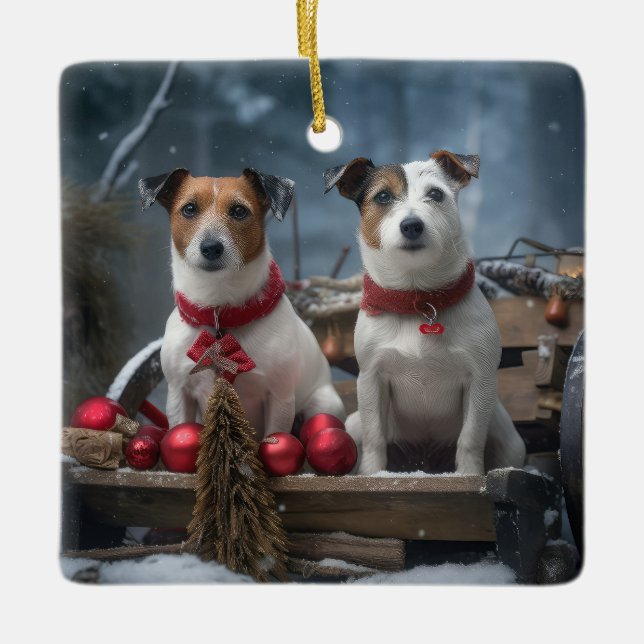 Jack Russell Snowy Sleigh-juldekretet Julgransprydnad Keramik (Framsida)