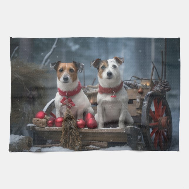 Jack Russell Snowy Sleigh-juldekretet Kökshandduk (Horisontell)