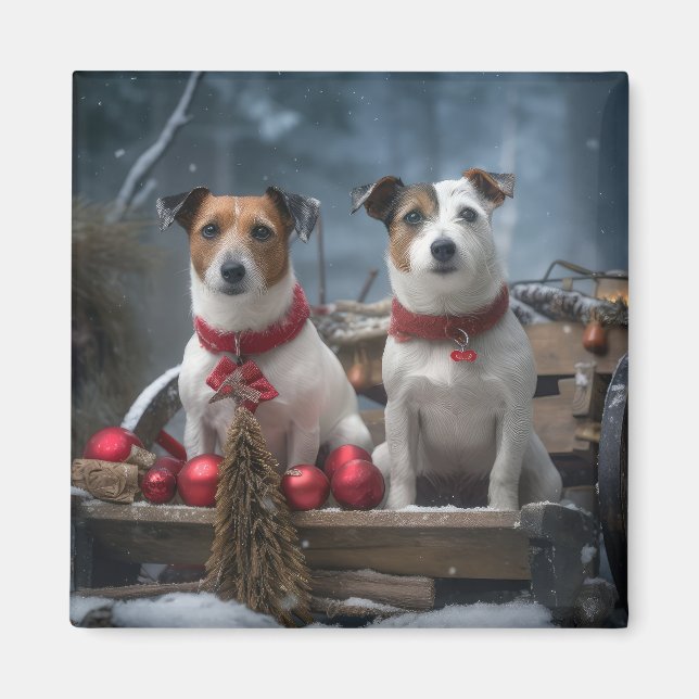 Jack Russell Snowy Sleigh-juldekretet Magnet (Framsidan)