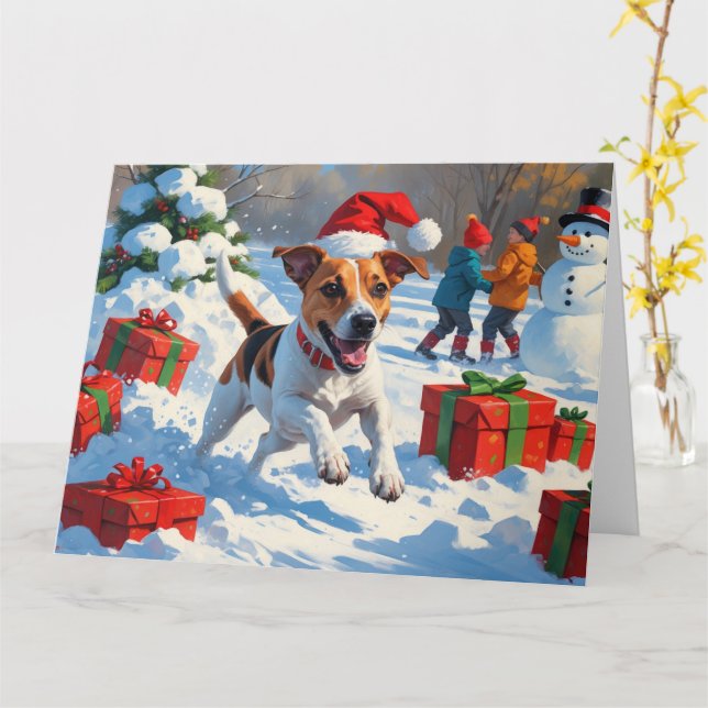 Jack Russell som springer i snö med julhatt Kort (Gul blomma)