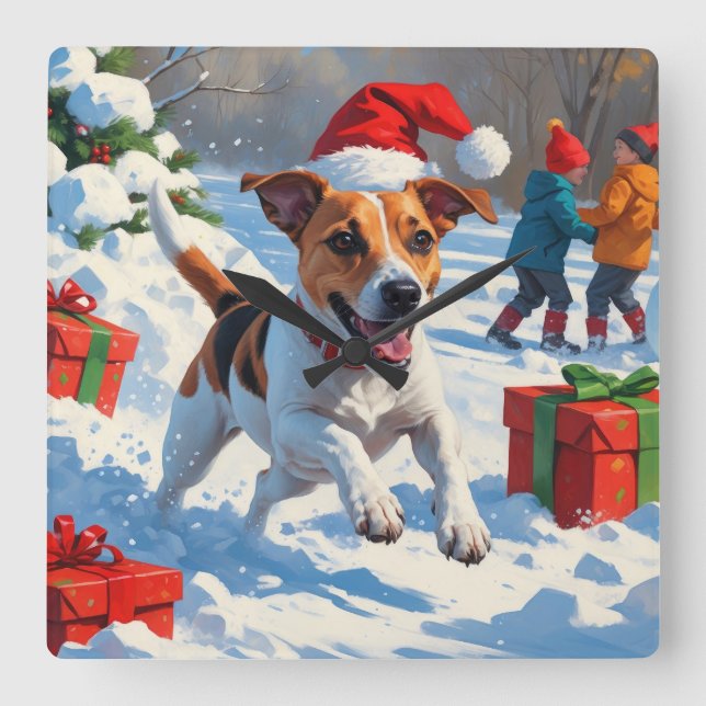 Jack Russell springer i snö med julhatt Fyrkantig Klocka (Framsida)