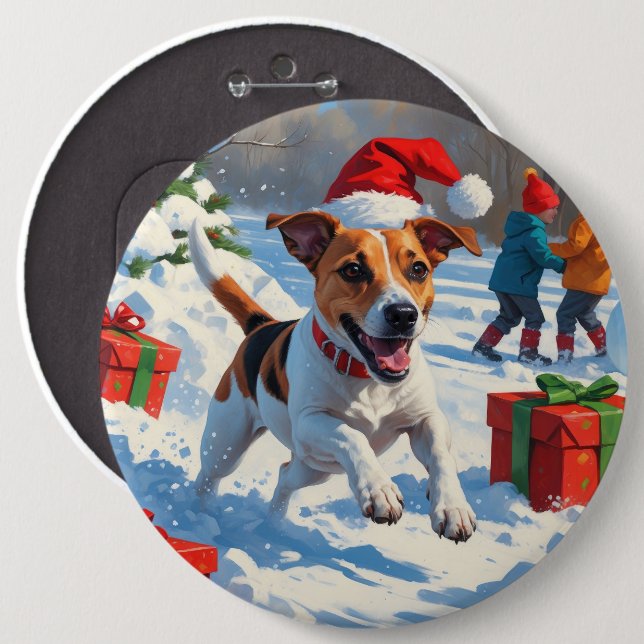 Jack Russell springer i snö med julhatt Knapp (Framsida & baksida)