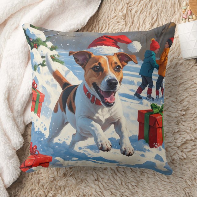 Jack Russell springer i snö med julhatt Kudde (Filt)