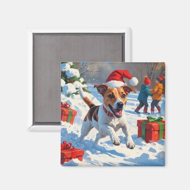Jack Russell springer i snö med julhatt Magnet (Front/Back)