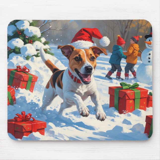 Jack Russell springer i snö med julhatt Musmatta (Framsidan)