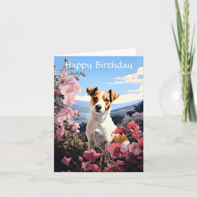 Jack Russell Terrier Blommigt Haven Birthday Kort (Framsida)