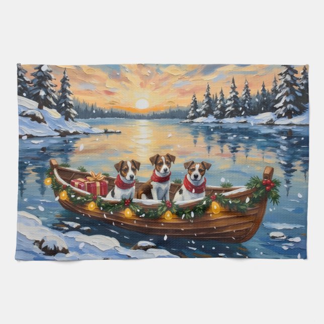 Jack Russell Terrier Christmas Boat Holiday Kökshandduk (Horisontell)