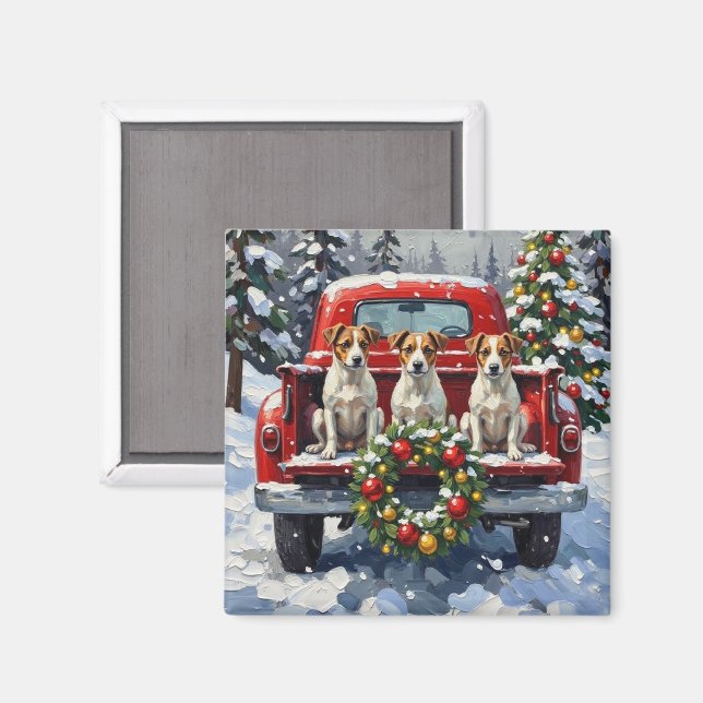 Jack Russell Terrier Christmas Red Truck Holiday Magnet (Front/Back)