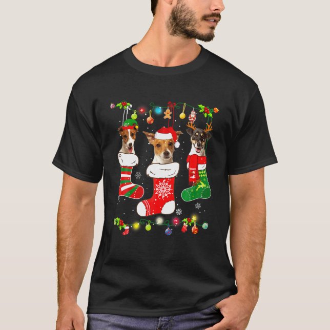 Jack Russell Terrier Dog Christmas Light Puppy Dog T Shirt (Framsida)
