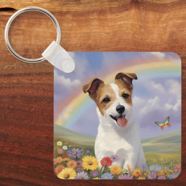Jack Russell Terrier Eget namn Rainbow Butterfly Nyckelring (Framsida)