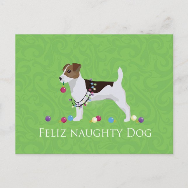Jack Russell Terrier Feliz Naughty Hund jul Helg Vykort (Framsida)