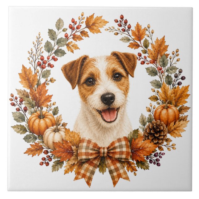 Jack Russell Terrier Höstkrans Kakelplatta (Framsidan)
