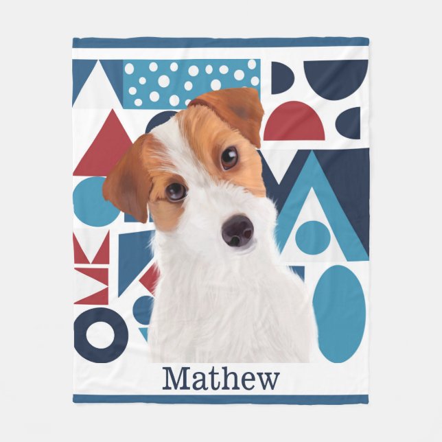 Jack Russell Terrier Hund Blue och Red Geometric Fleecefilt (Framsidan)