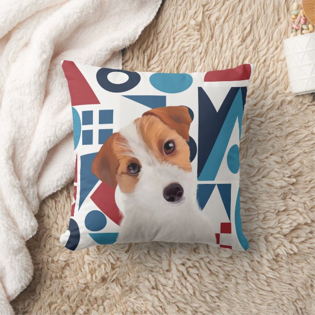 Jack Russell Terrier Hund Blue och Red Geometric Kudde (Filt)
