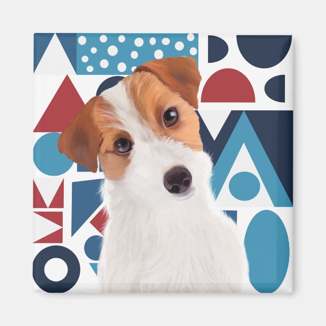 Jack Russell Terrier Hund Blue och Red Geometric Magnet (Framsidan)