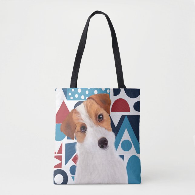 Jack Russell Terrier Hund Blue och Red Geometric Tygkasse (Framsida)