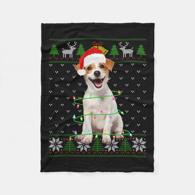Jack Russell Terrier Hund Julgran Ljus Valp Fleecefilt (Framsidan)