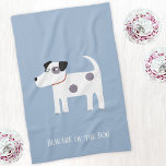 Jack Russell Terrier Hund Personlig Kökshandduk<br><div class="desc">En söt men fekalig Jack Russell Terrier hund på blå bakgrund. Dessa underbara små valper kallas också Parson Russell Terriers. Du kan ta bort eller ändra text för att anpassa den ytterligare.</div>