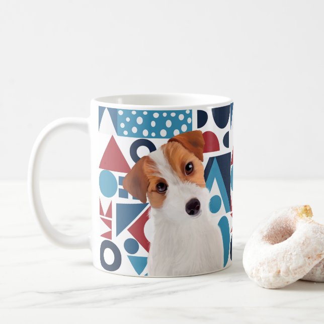 Jack Russell Terrier Hund Red och Blue Geometric Kaffemugg (Med munk)