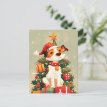 Jack Russell Terrier med julgran och presenter