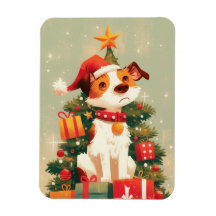 Jack Russell Terrier med julgran och presenter