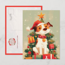 Jack Russell Terrier med julgran och presenter