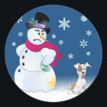 Jack Russell Terrier och Snowman Sticker Runt Klistermärke<br><div class="desc">Jack Russel Terrier och Snowman</div>