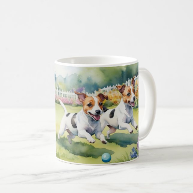 Jack Russell Terriers Playful Hundar Watercolor Kaffemugg (Framsida höger)