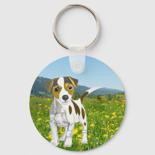 Jack Russell-valpen i en Flower Meadow Nyckelring