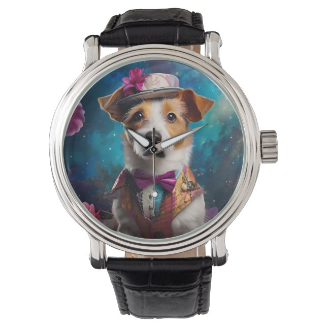 Jack Russell, vit hatt, rosa blomma Armbandsur (Framsida)