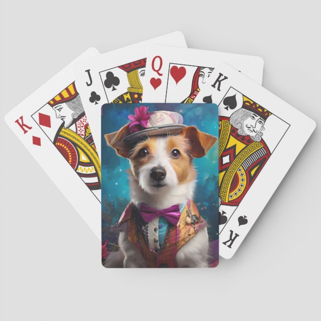 Jack Russell, vit hatt, rosa blomma Casinokort (Baksidan)