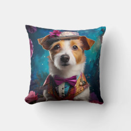 Jack Russell, vit hatt, rosa blomma Kudde