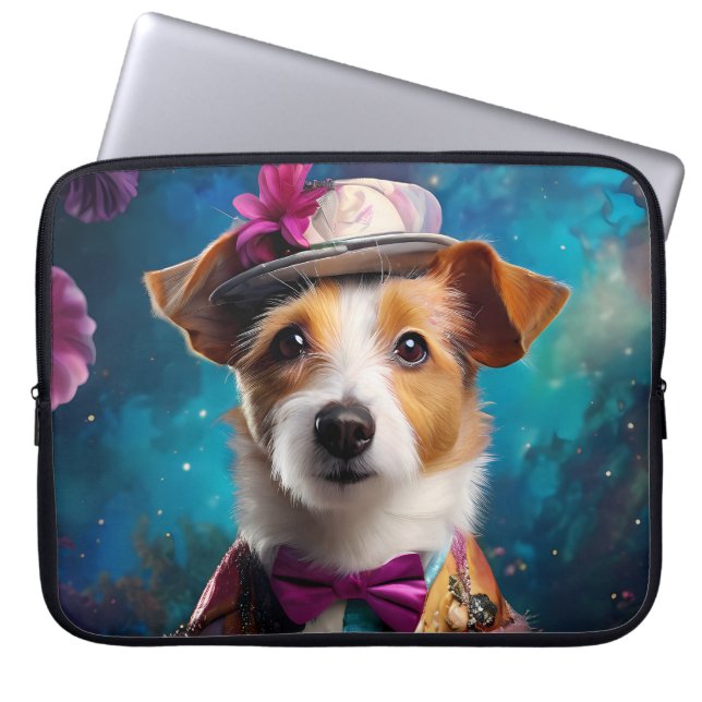 Jack Russell, vit hatt, rosa blomma Laptop Fodral (Framsidan)