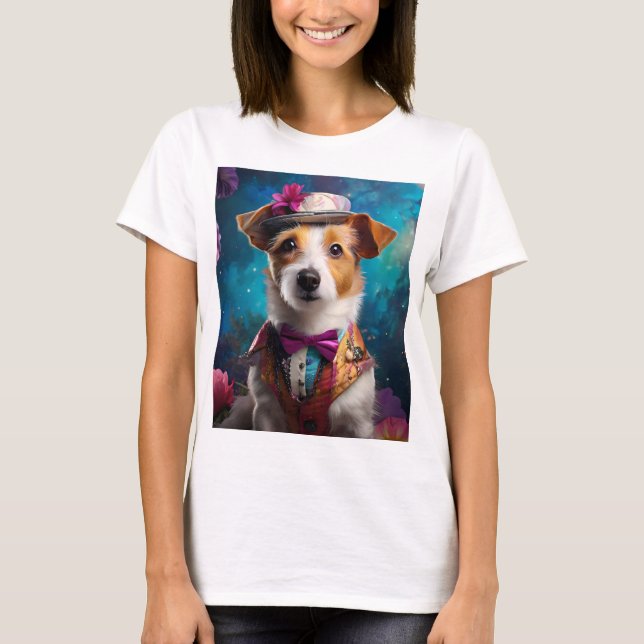 Jack Russell, vit hatt, rosa blomma T Shirt (Framsida)