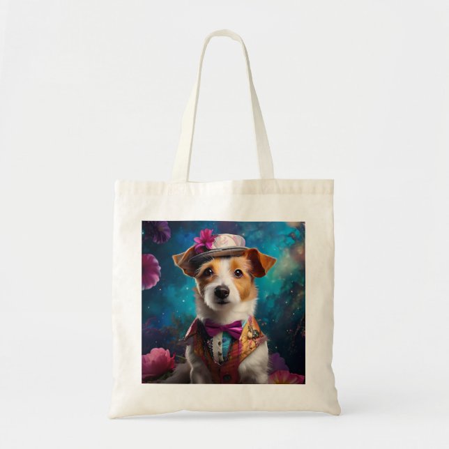 Jack Russell, vit hatt, rosa blomma Tygkasse (Framsidan)