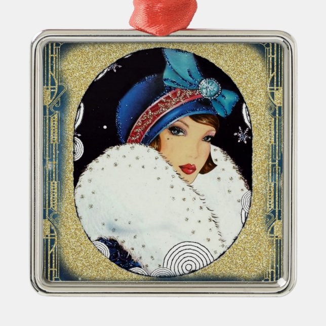 Jacka vid jul Flapper Girl Large White Päls Julgransprydnad Metall (Framsidan)