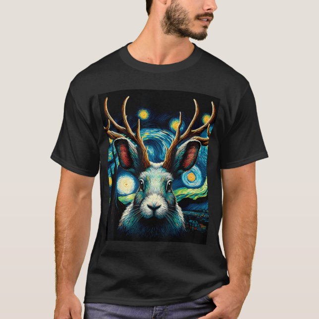 Jackalope Under Starry Night Sky Art Christmas fri T Shirt (Framsida)