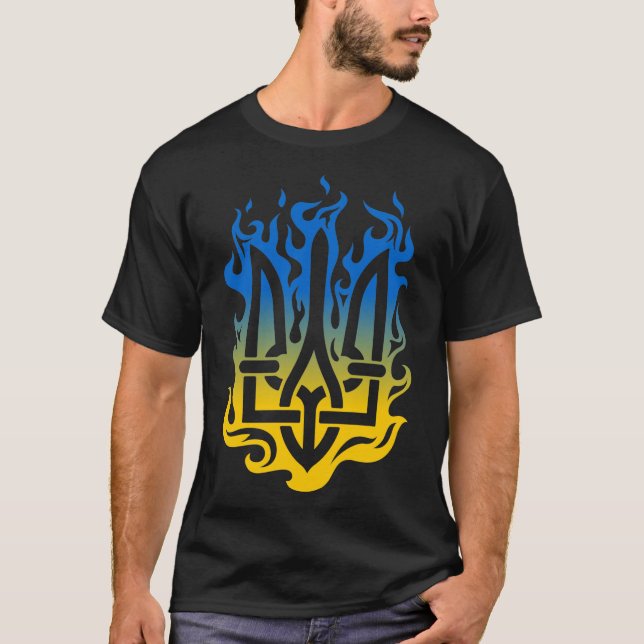 Jackande av arm från Ukraina Trident gult blue fir T Shirt (Framsida)