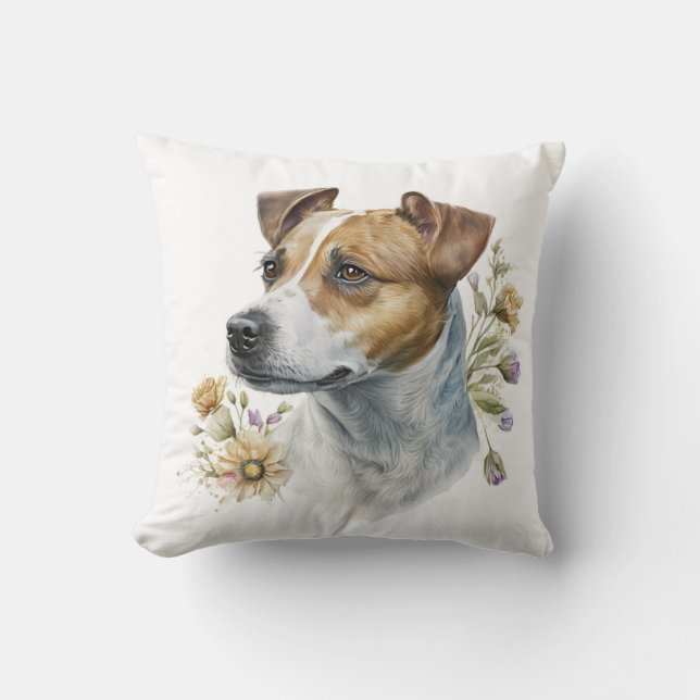 Jacken Russell Hund för Blommigt av färgen Cute Co Kudde (Framsida)