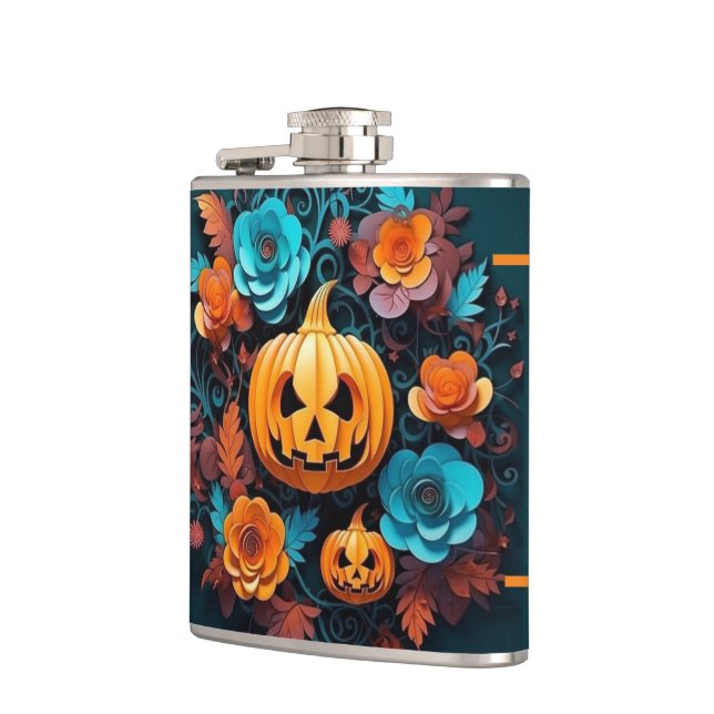 Jackolantern och blommor vinylomsluten fask fickplunta (Vänster)