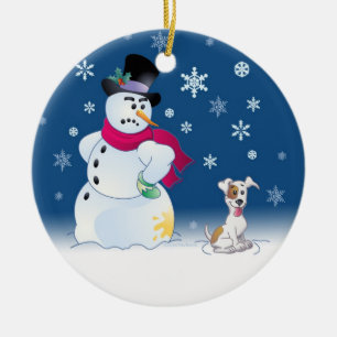 JackRussell Terrier och snögubbe Julgransprydnad Keramik