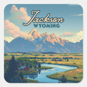 Jackson Hål Wyoming Ranch Tetons Mountain Retro Fyrkantigt Klistermärke