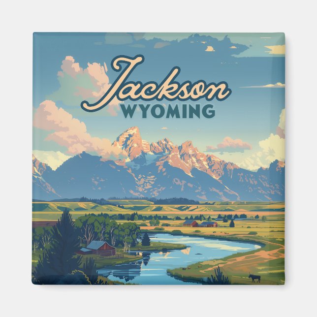 Jackson Hål Wyoming Ranch Tetons Mountain Retro Magnet (Framsidan)