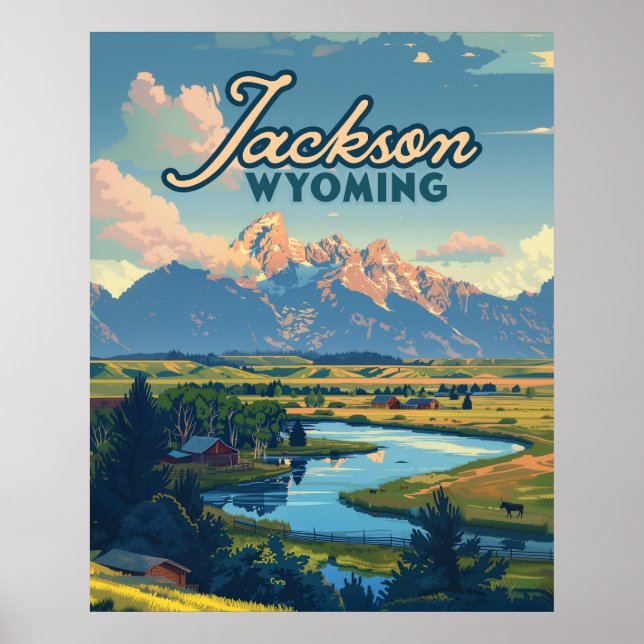 Jackson Hål Wyoming Ranch Tetons Mountain Retro Poster (Framsidan)