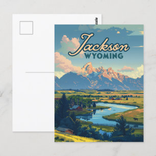 Jackson Hål Wyoming Ranch Tetons Mountain Retro Vykort