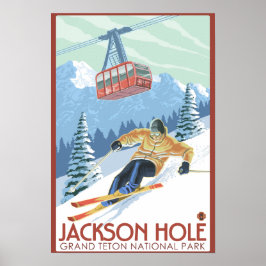 Jackson Hål, Wyoming Skier och Tram Poster